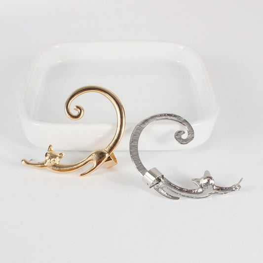 Single Piece Punk Style Cat Post Earring with Ear Cuff Rock Animal Black Stud Earring